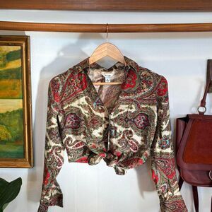 Vintage 100% Silk Paisley Button-Up Blouse Petite Boho Chic Size 4